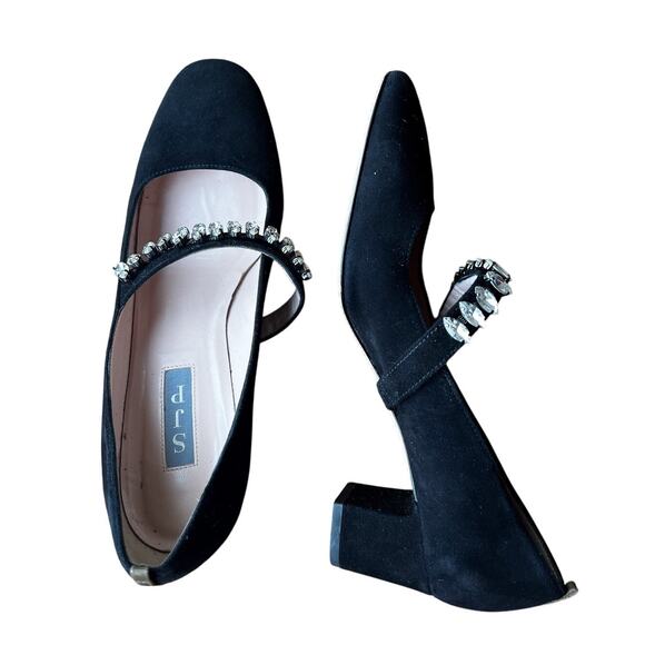 SJP by Sarah Jessica Parker Black Suede Mary Jane Block Heels Crystal Strap 8.5 - Picture 2 of 9